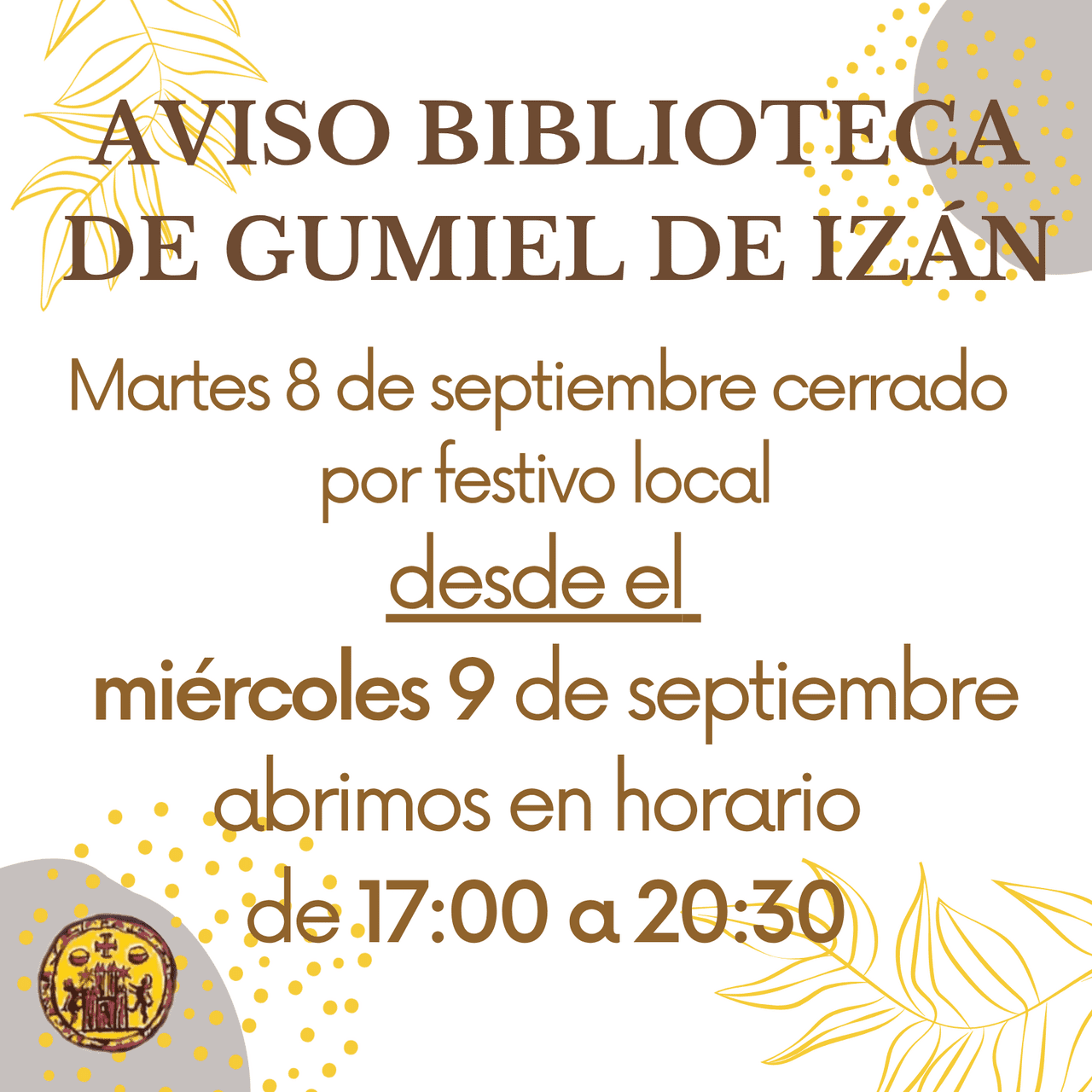 AVISO HORARIO BIBLIOTECA